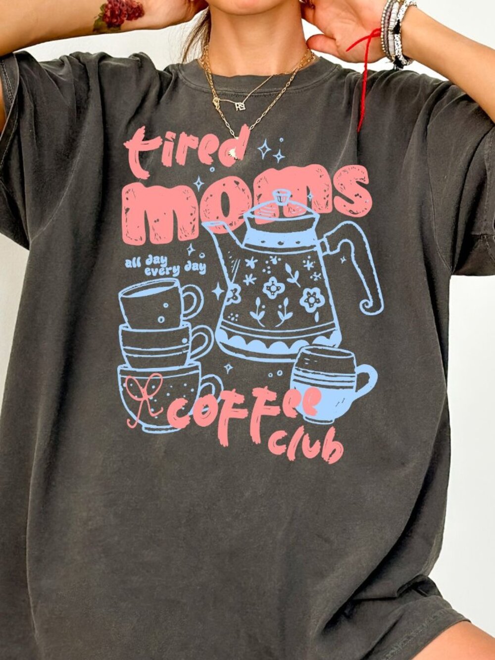 Tired Moms Coffee Club T-Shirt Funny Retro Coffee Lover Graphic Tee Mom Life